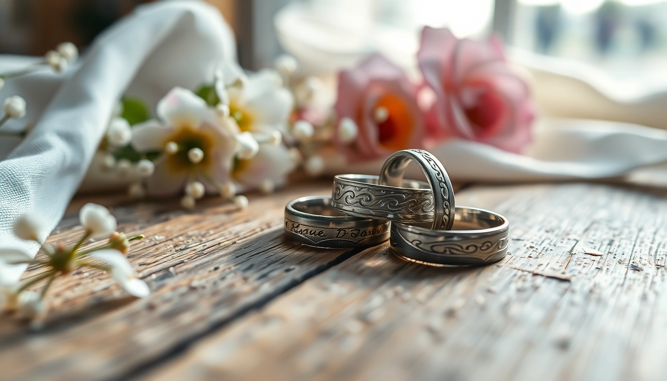 Entdecken Sie personalisierte Ringe mit einzigartigen Designs auf einem rustikalen Holztisch.