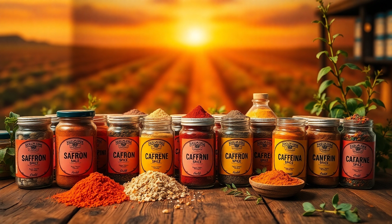 Showcasing Single Origin Spices in vibrant jars on a rustic wooden table with spice fields in the background.