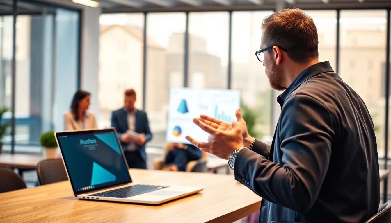 Engaging ai presentation in a modern office setting with a focused presenter.