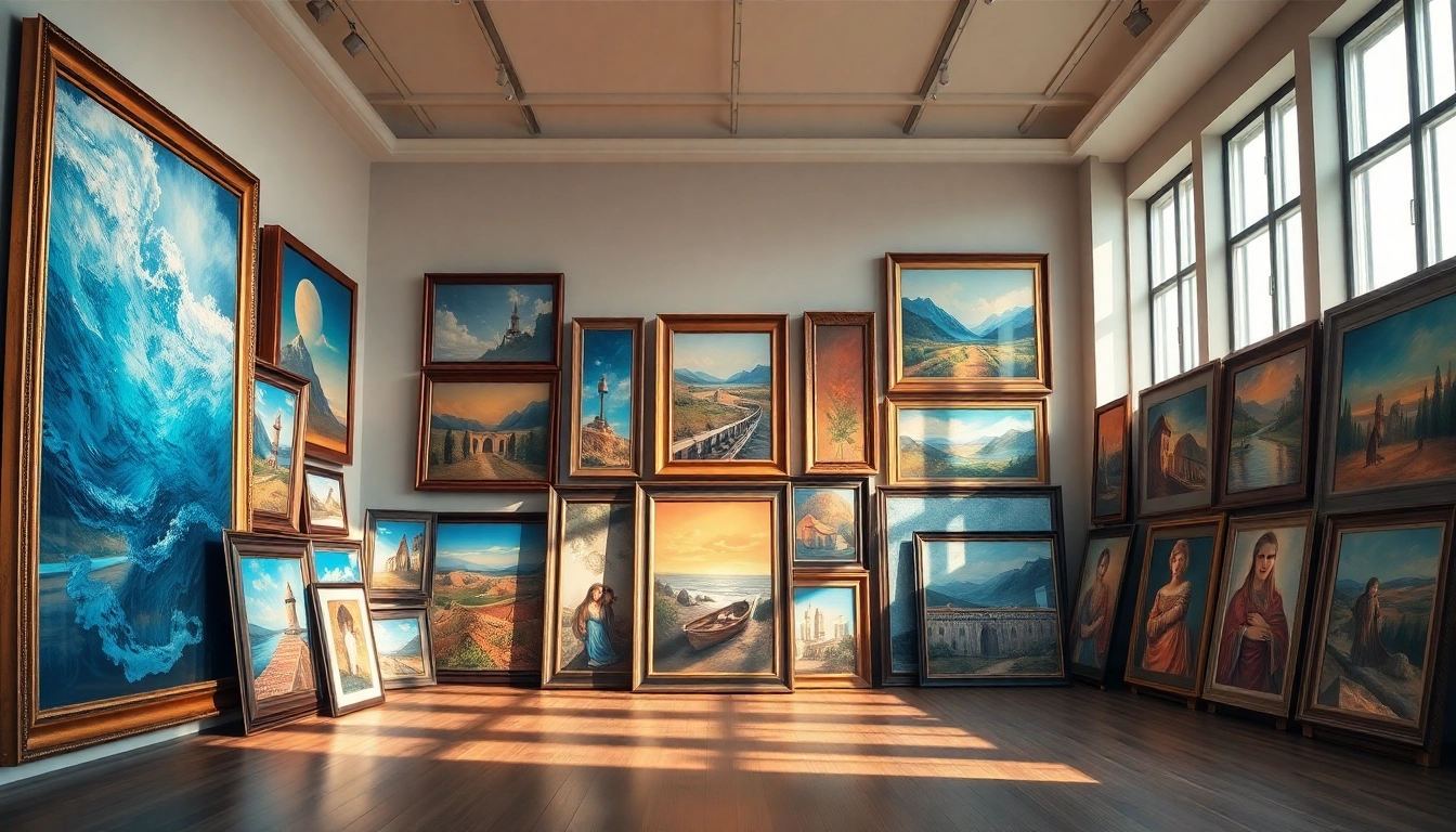 Showcase of large frames displaying diverse artwork in a cozy gallery setting