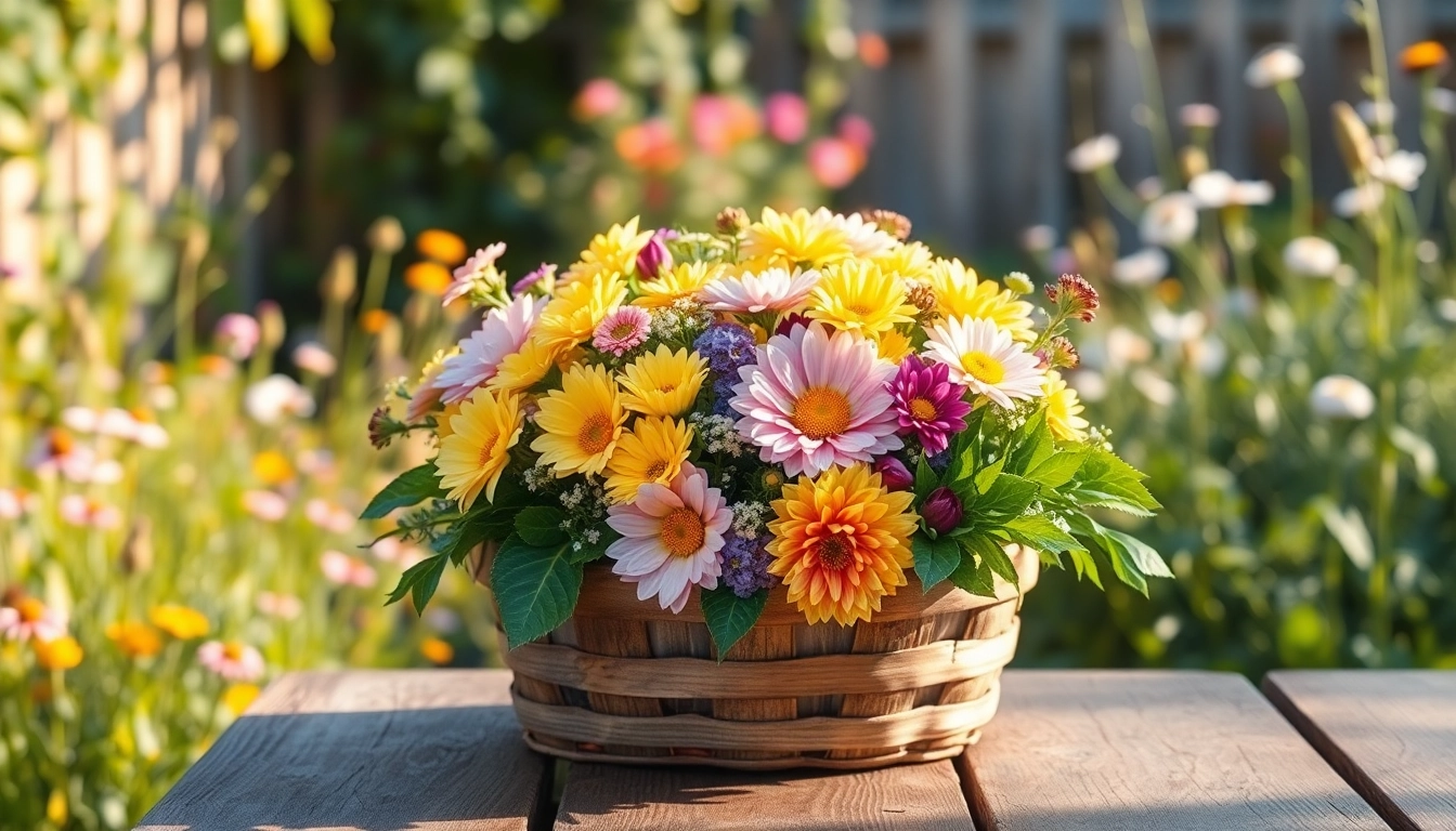 Brightly arranged Irvine flowers in a rustic basket, showcasing vibrant colors and natural beauty.