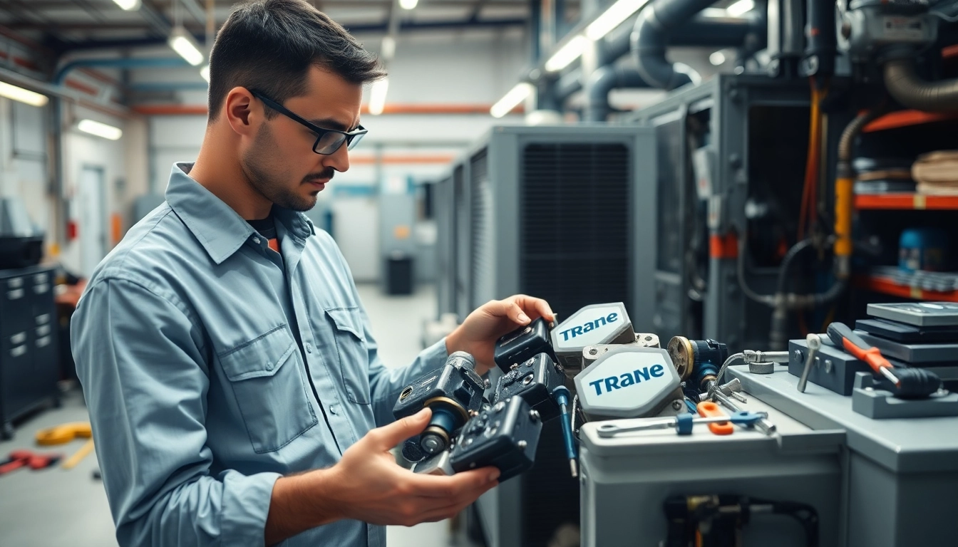 Trane parts dealer showcasing a technician examining HVAC components in a well-organized workshop.