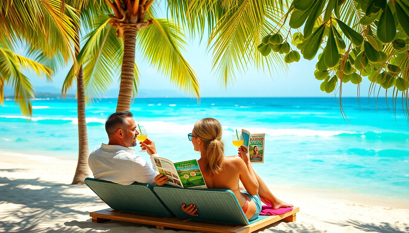 Couple enjoying Livingstone Vacations Travel Packages at a tropical beach, vibrant atmosphere.