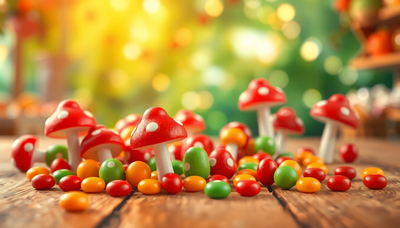 Indulge in colorful magic mushroom candy arranged delightfully on a rustic wooden table.