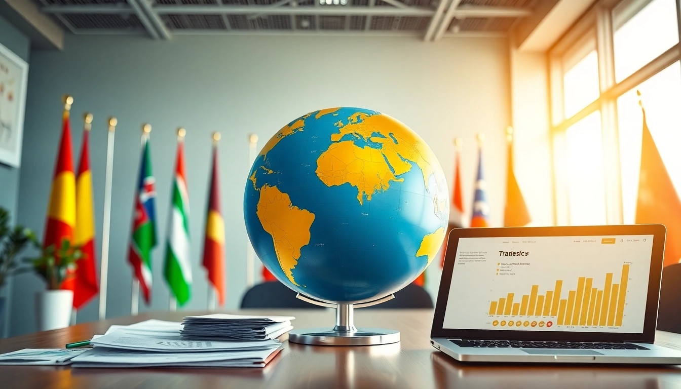 Visualize trade agreements with a globe and international flags in a bright office atmosphere.