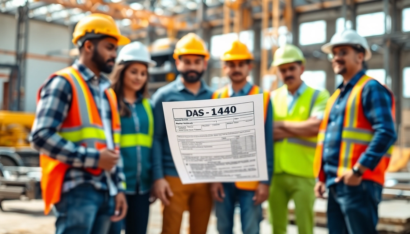 Diverse contractors discussing the DAS 140 form on a construction site