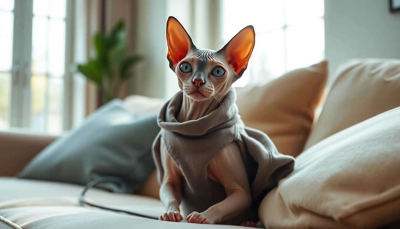 Cat dressed in PIKAPIKA Sphynx Clothes seated on a sofa, embodying trendy and cozy aesthetics.