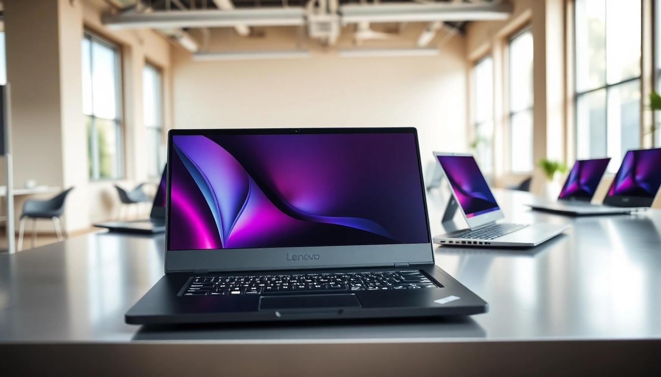 Comparativa de laptops Lenovo en un entorno moderno y profesional.