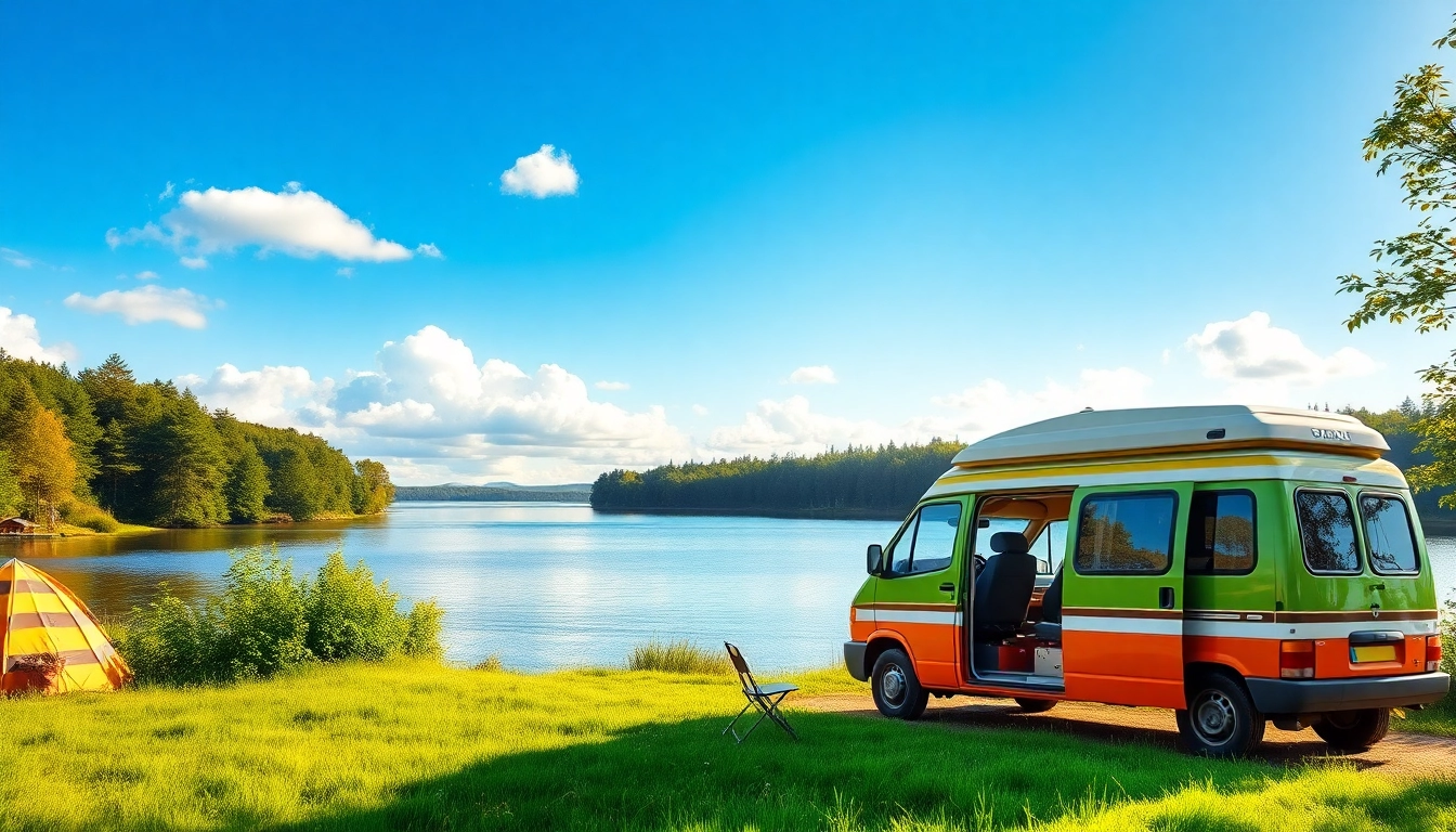 Experience the beauty of JRP Campers with a picturesque lakeside scene featuring a stylish camper van.