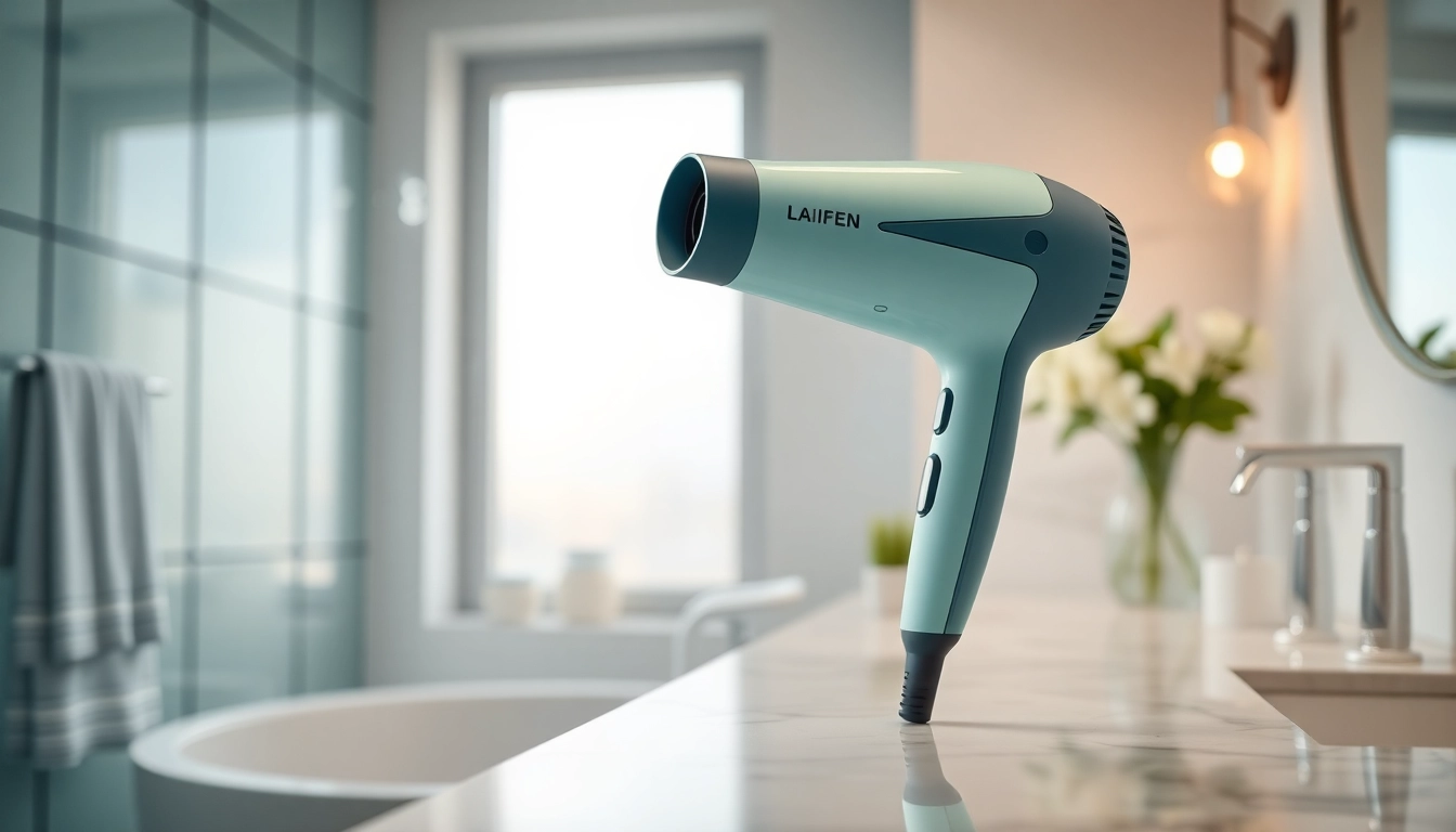 Using the Laifen hair dryer to achieve sleek and shiny hair in a modern bathroom setting.