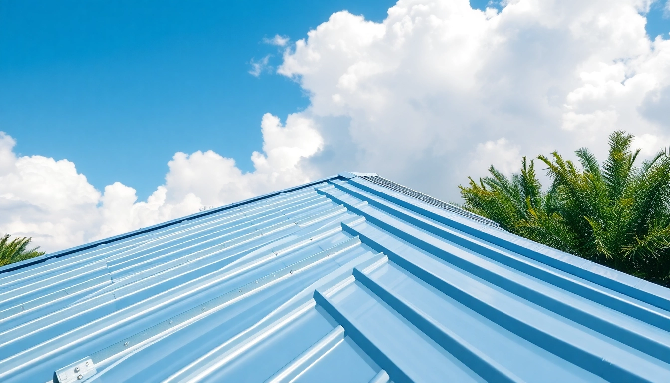 Inspecting a florida metal roof on a sunny coastal home with vibrant textures and details.