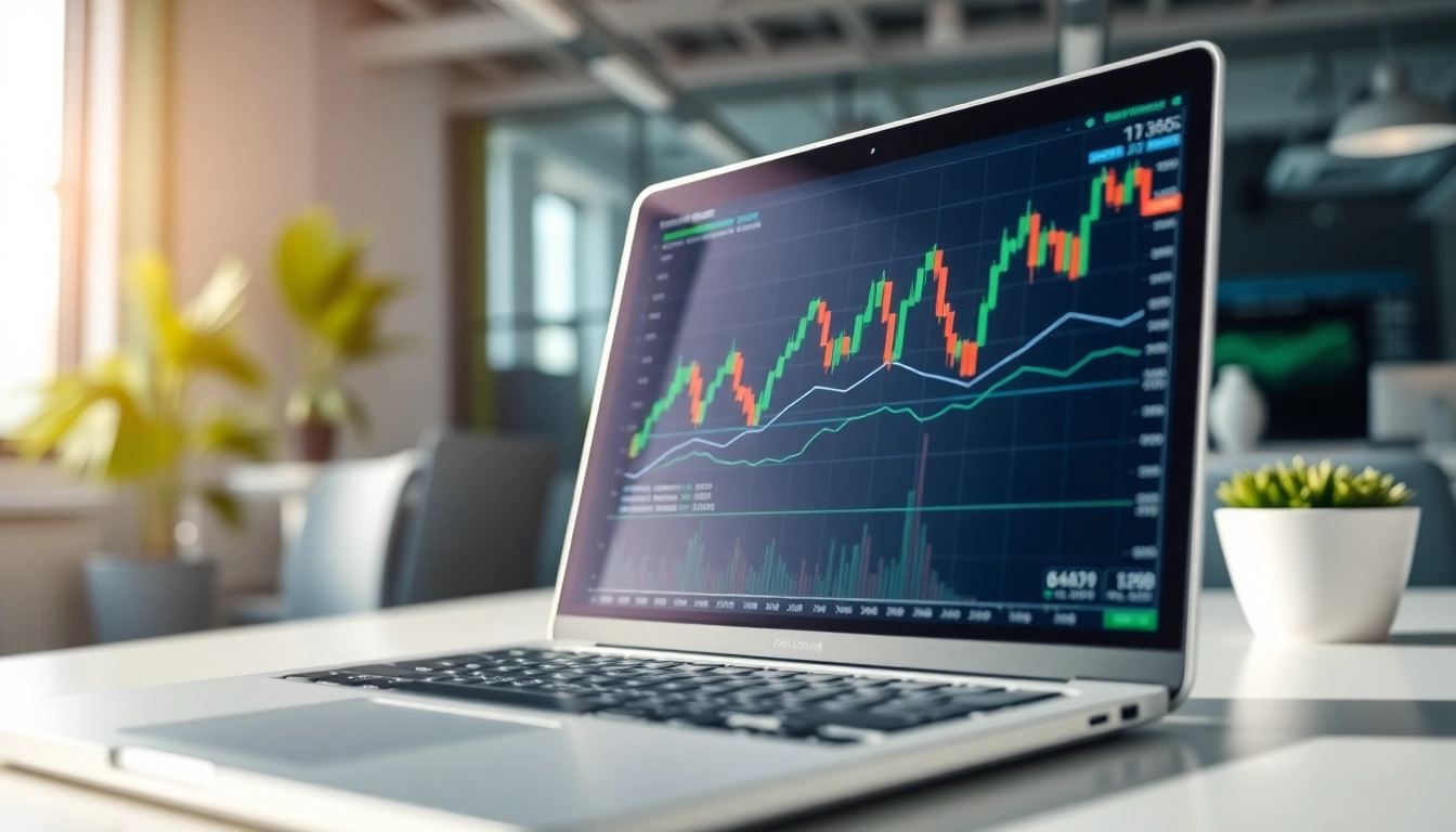 Enhance your understanding of AI trading with dynamic stock market visuals in a modern office.
