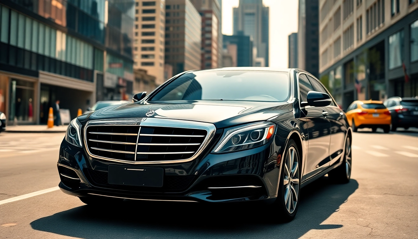 Experience premium nyc car service with a luxurious black car against a vibrant Manhattan backdrop.