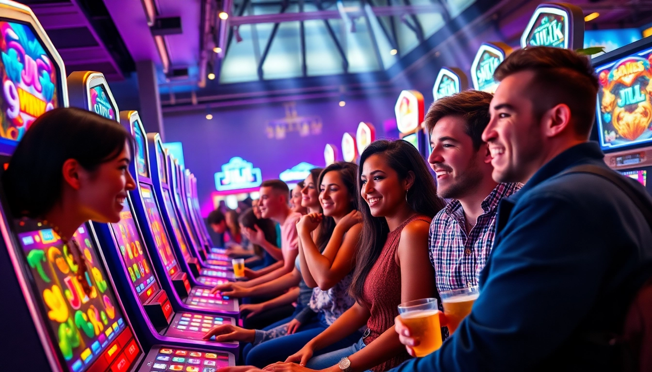 Players enjoying JILI Games at a vibrant gaming venue with neon lights and engaging machines.
