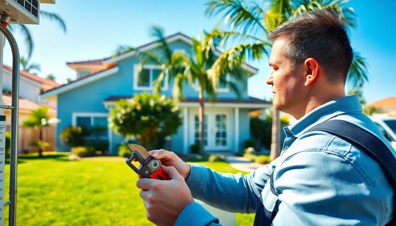 Install Los Angeles HVAC services with a skilled technician working on air conditioning in a sunny residential setting.
