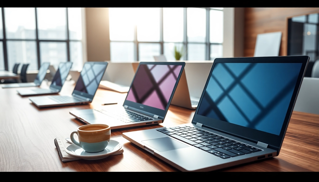 Showcasing Lenovo laptops enhancing productivity in a modern office setup.