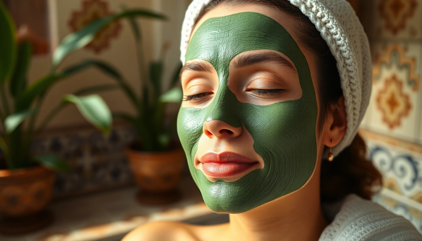 Application du masque Tebrima sur le visage d'une femme dans un cadre marocain relaxant.