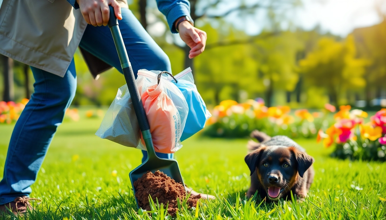 Dog owner actively cleaning up dog poop in a park with pooper scooper and waste bags.