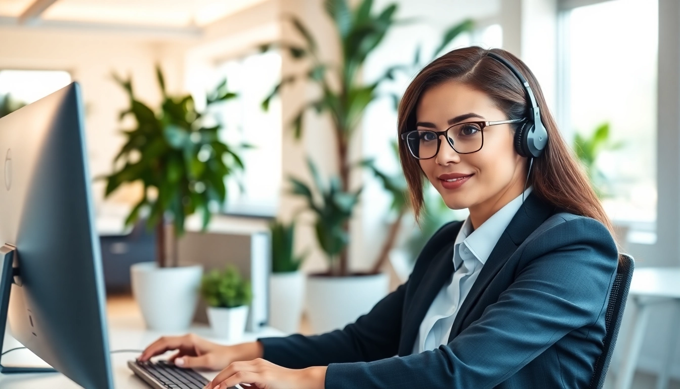 Engaging professional providing a Virtual Answer Service in a modern office setup.