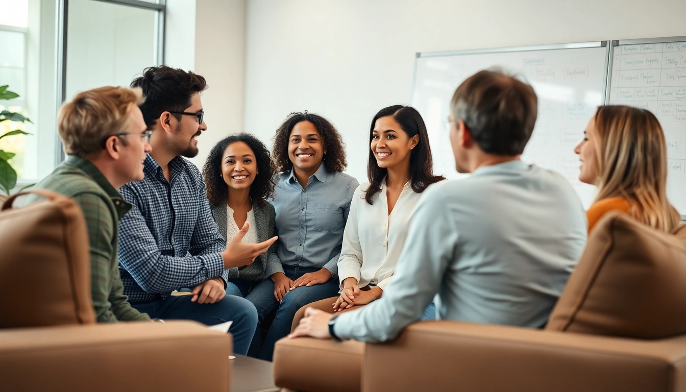 Engaging business coaching service session with a diverse group of entrepreneurs collaborating.