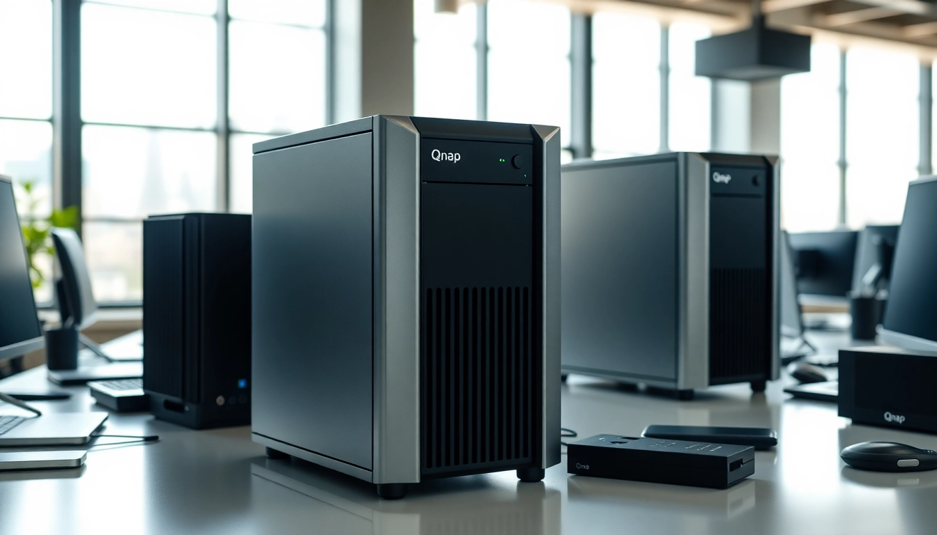 Showcasing Qnap Storage units in a modern office setting, highlighting their design and features.