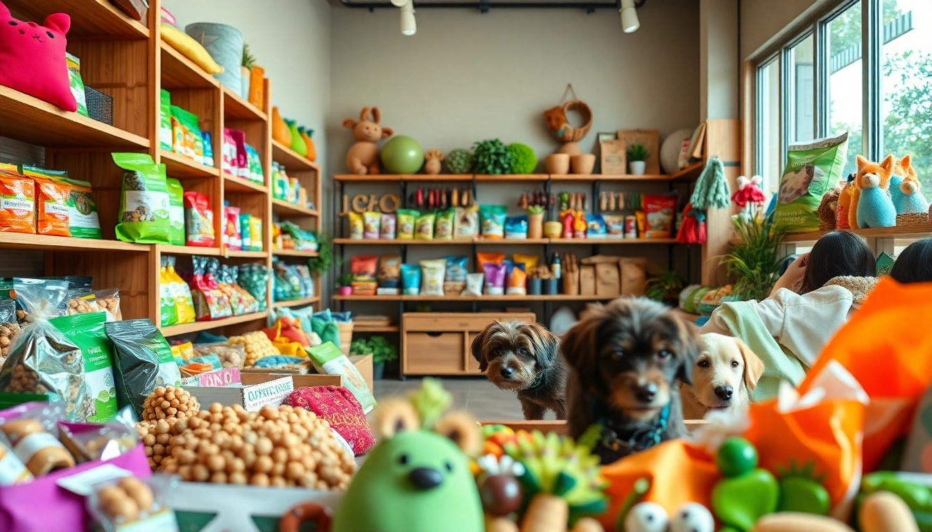 Browse organic pet supplies near me in a beautifully organized pet shop with colorful displays.
