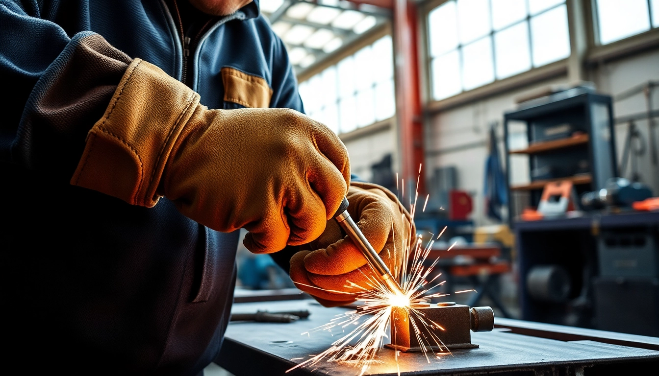 Welder demonstrating quality welding gloves while fabricating metal, highlighting protection and dexterity.
