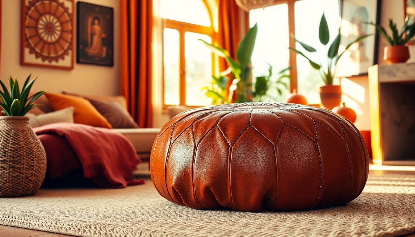Elegant Moroccan Leather Poufs and Ottomans enhancing a cozy living room decor.
