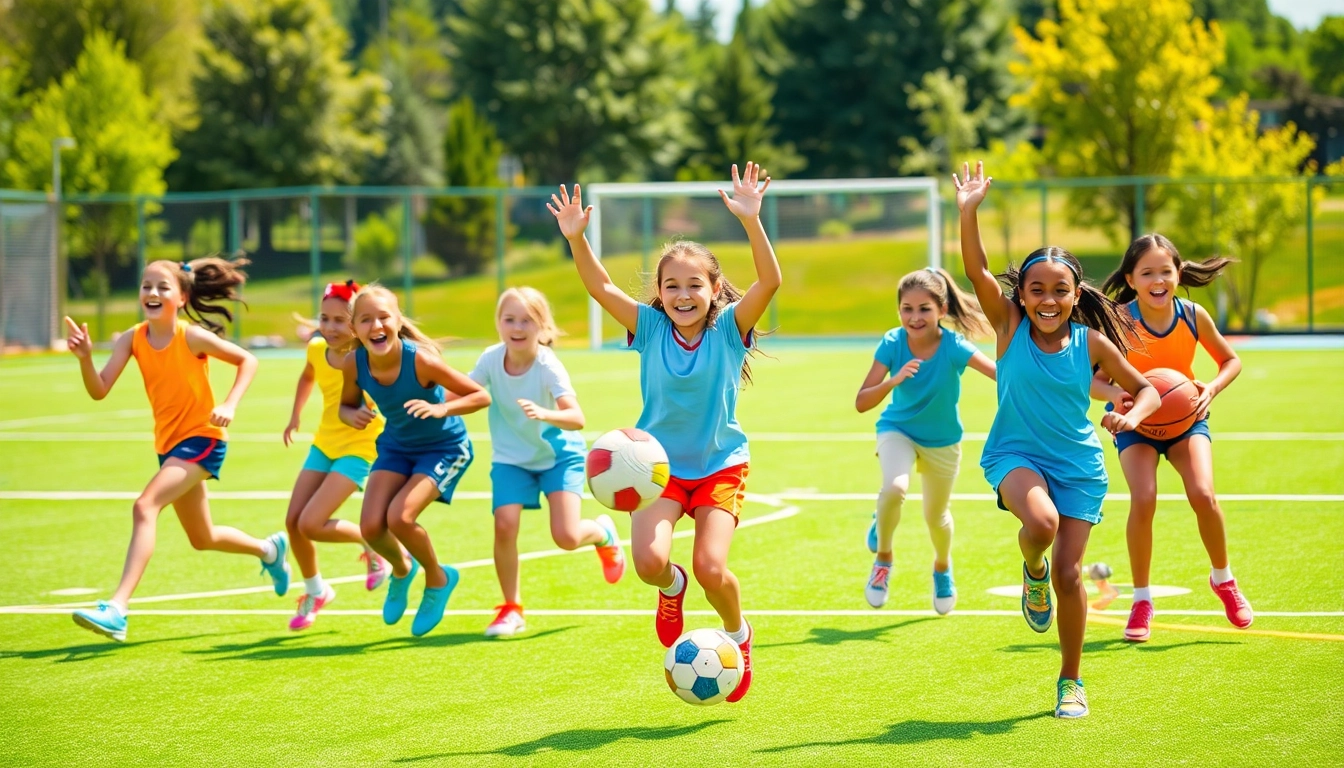 Girls actively engaging in Multi Sports Camps for Girls, showcasing teamwork and joy in outdoor settings.