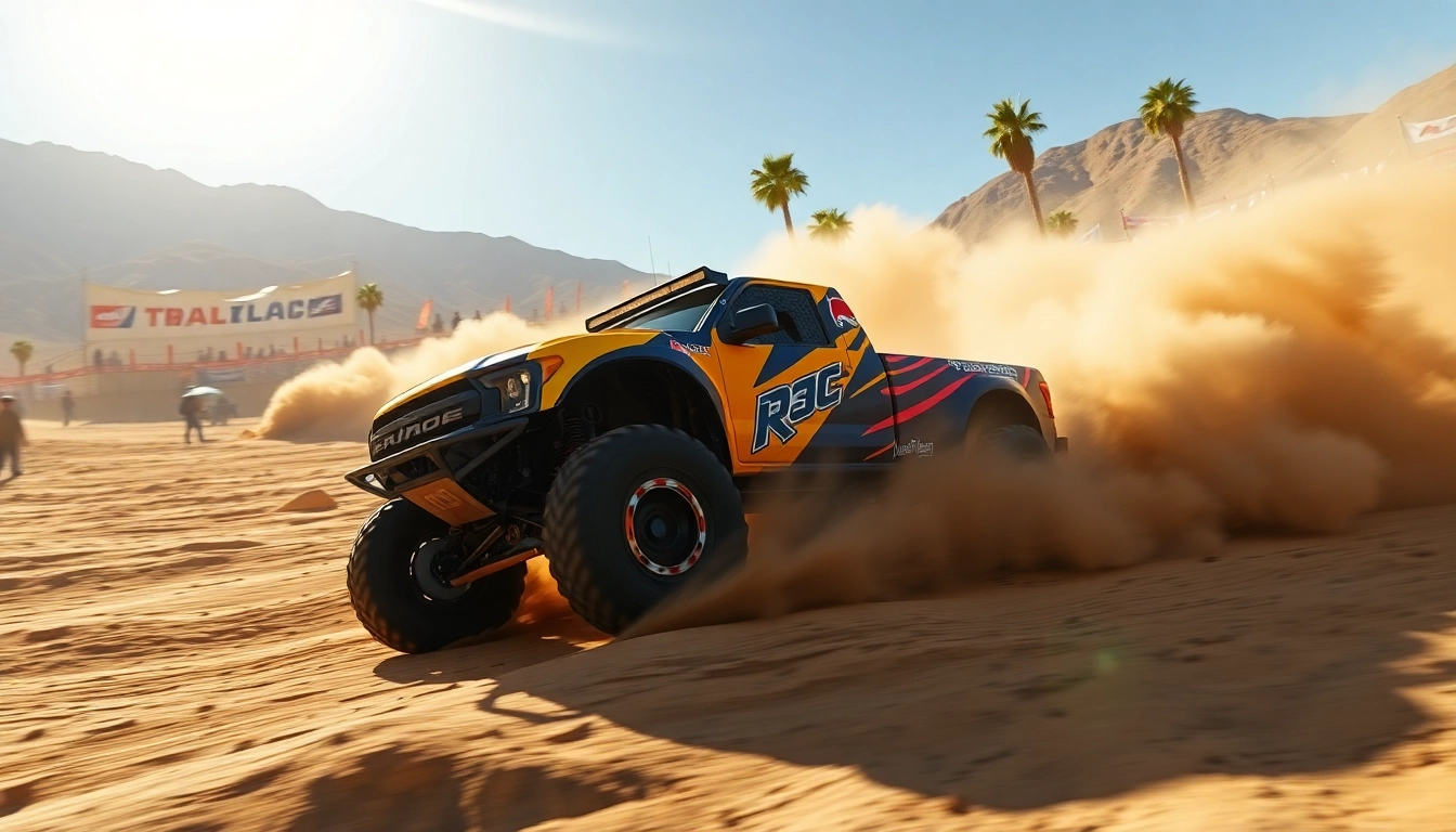 Baja race action shot of a trophy truck racing through rugged terrain in Baja California.