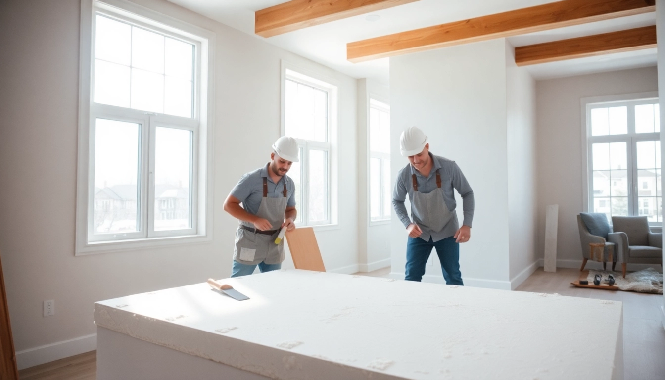 Skilled drywall contractors applying drywall mud in a bright home setting.