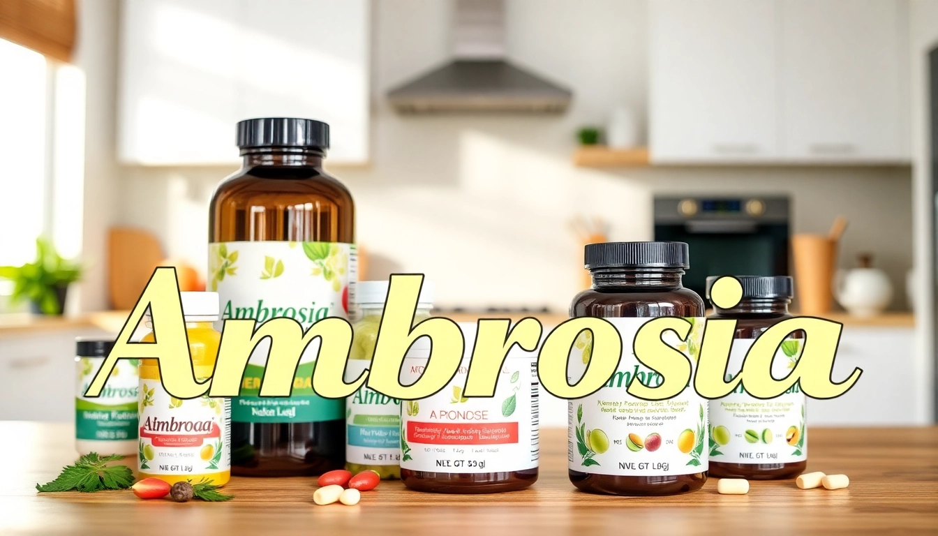 Ambrosia supplements showcased in a vibrant modern kitchen setting, emphasizing freshness and vitality.