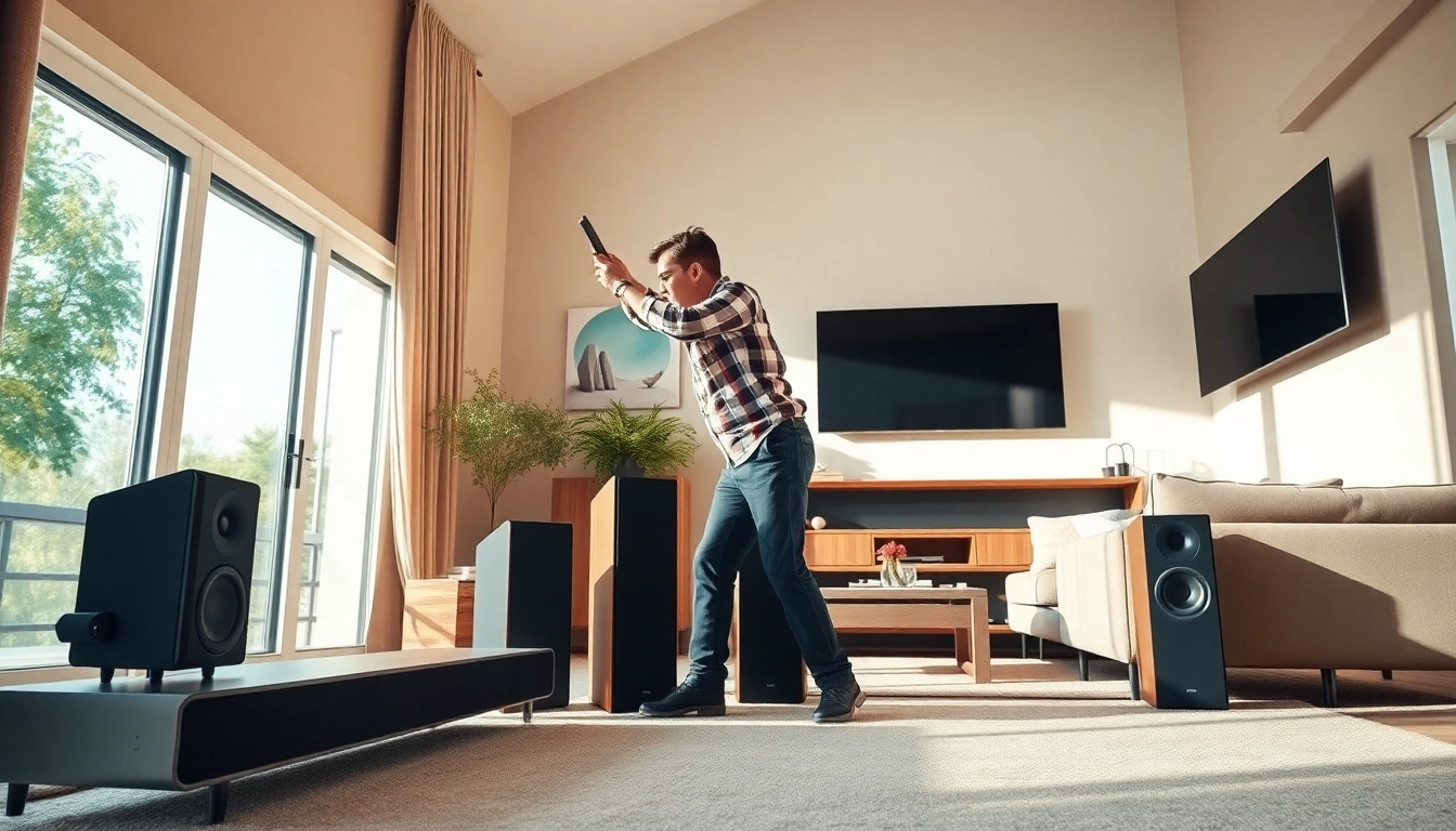 Enhance your experience with home audio installation near me, featuring expert technician setting up speakers in a modern living room.