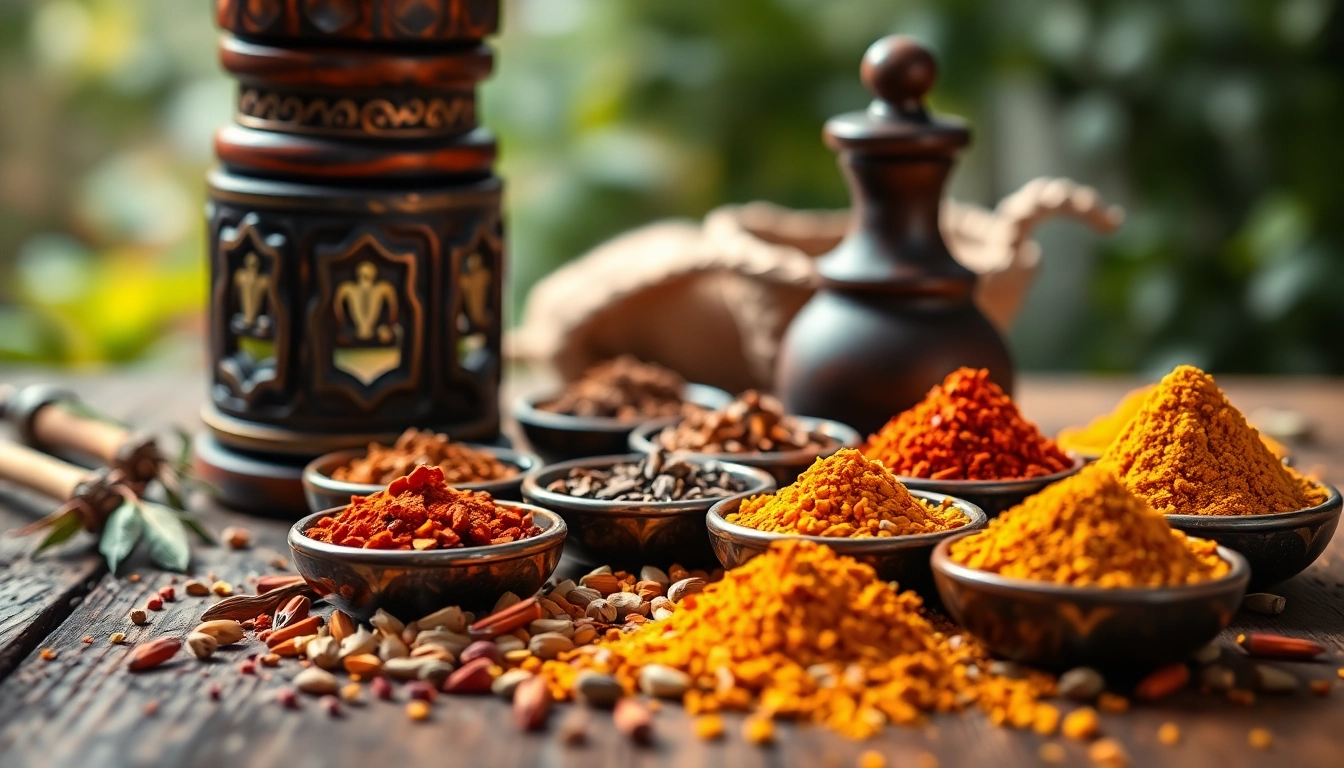 Beautiful assortment of oriental spices on wood, showcasing colors and textures for cooking.