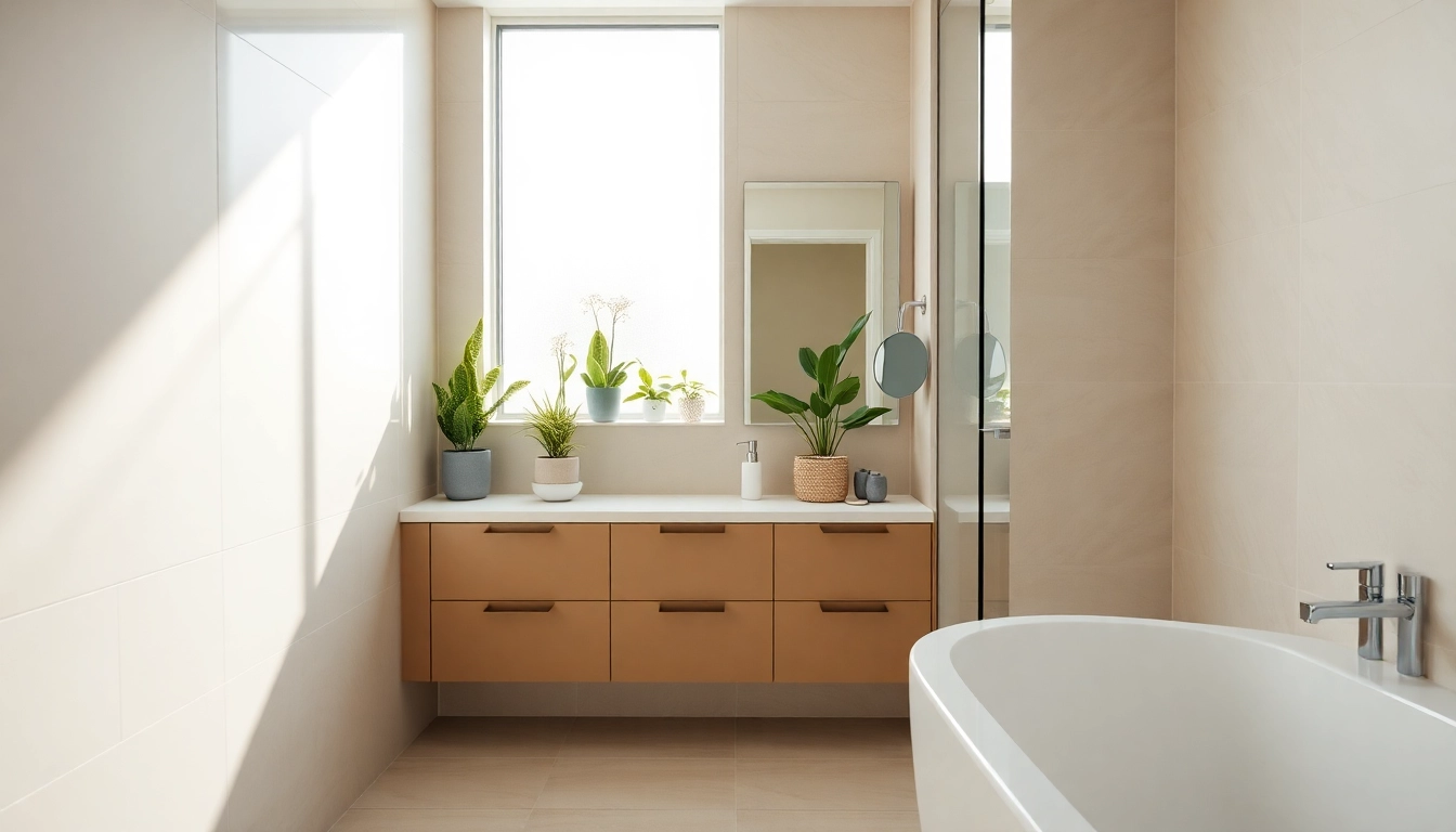 Showcase an affordable bathroom remodel featuring a modern aesthetic and serene atmosphere.