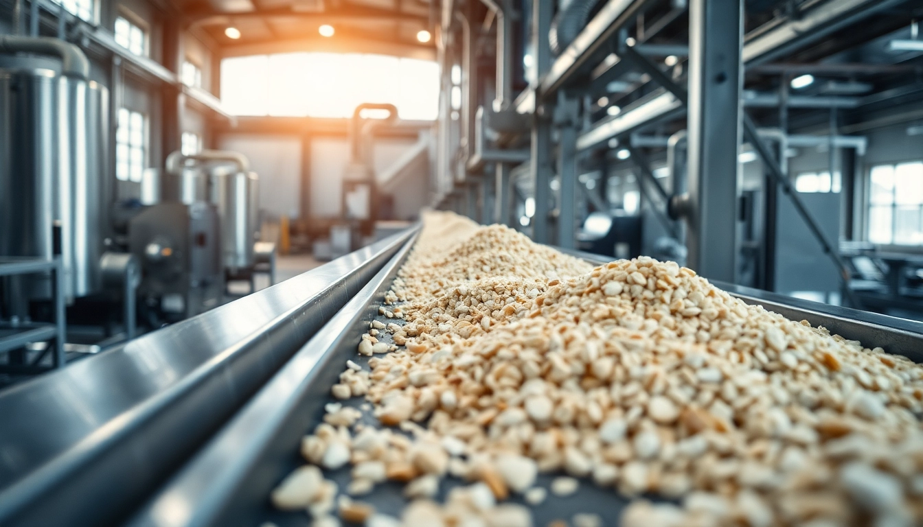 Raw material conveying system transporting grains in an industrial setting.