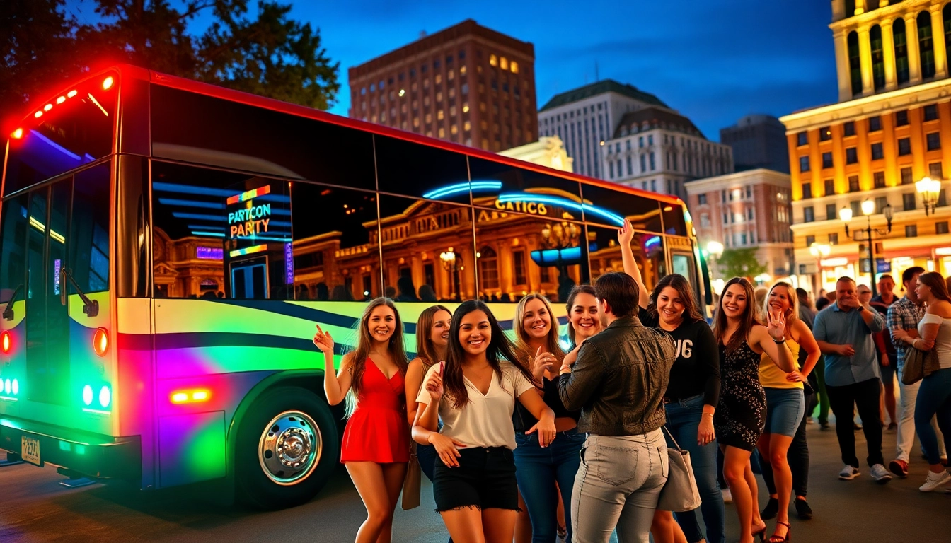 Excited group near a macon party bus, celebrating and enjoying the nightlife.