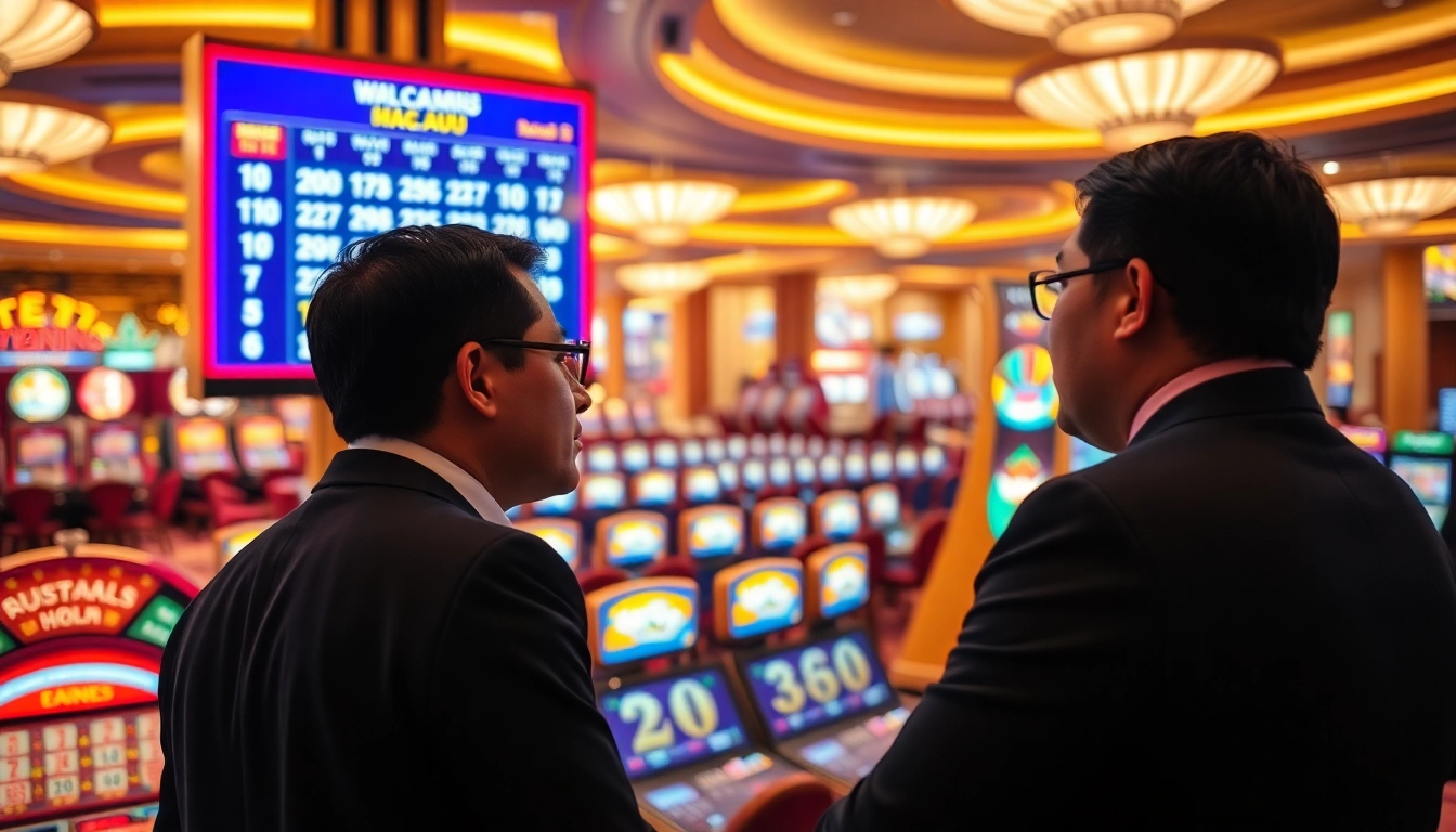 Analisa hasil result macau di kasino, menunjukkan dua penjudi yang fokus pada strategi taruhan.