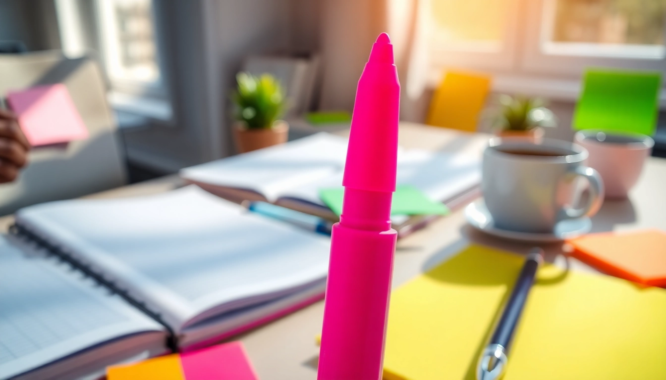 Highlighting text clearly with a pink highlighter pen among neat stationery.