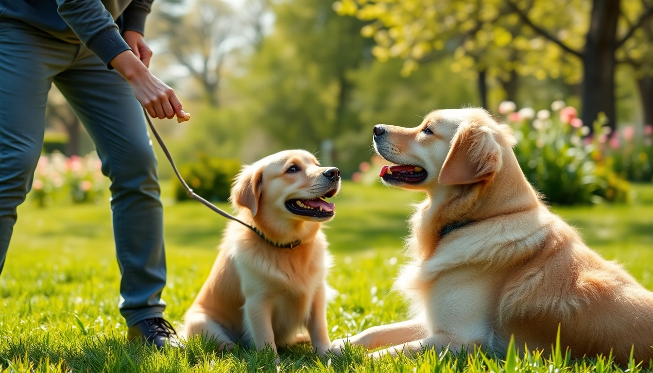 Engaging dog training in Irvine with a trainer and golden retriever in a sunny park setting.