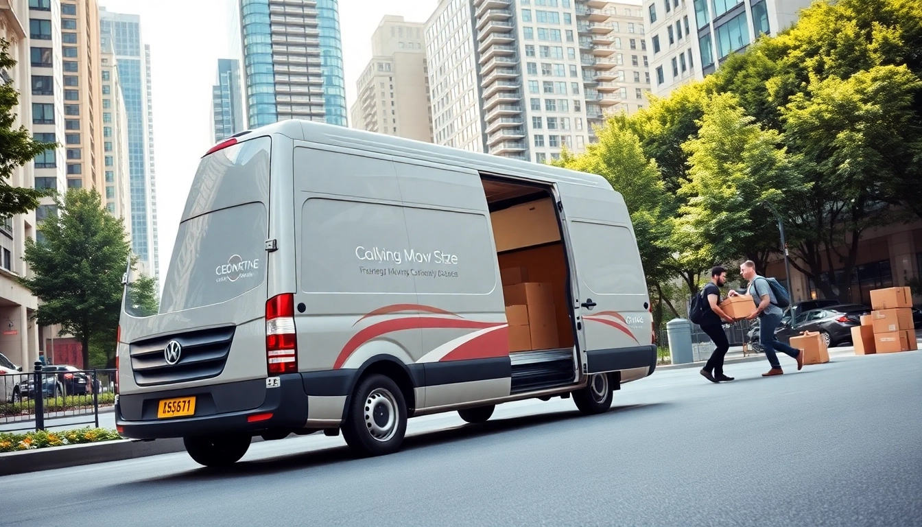 Efficient man and van moving service illustrated with a dynamic moving scene in the city.