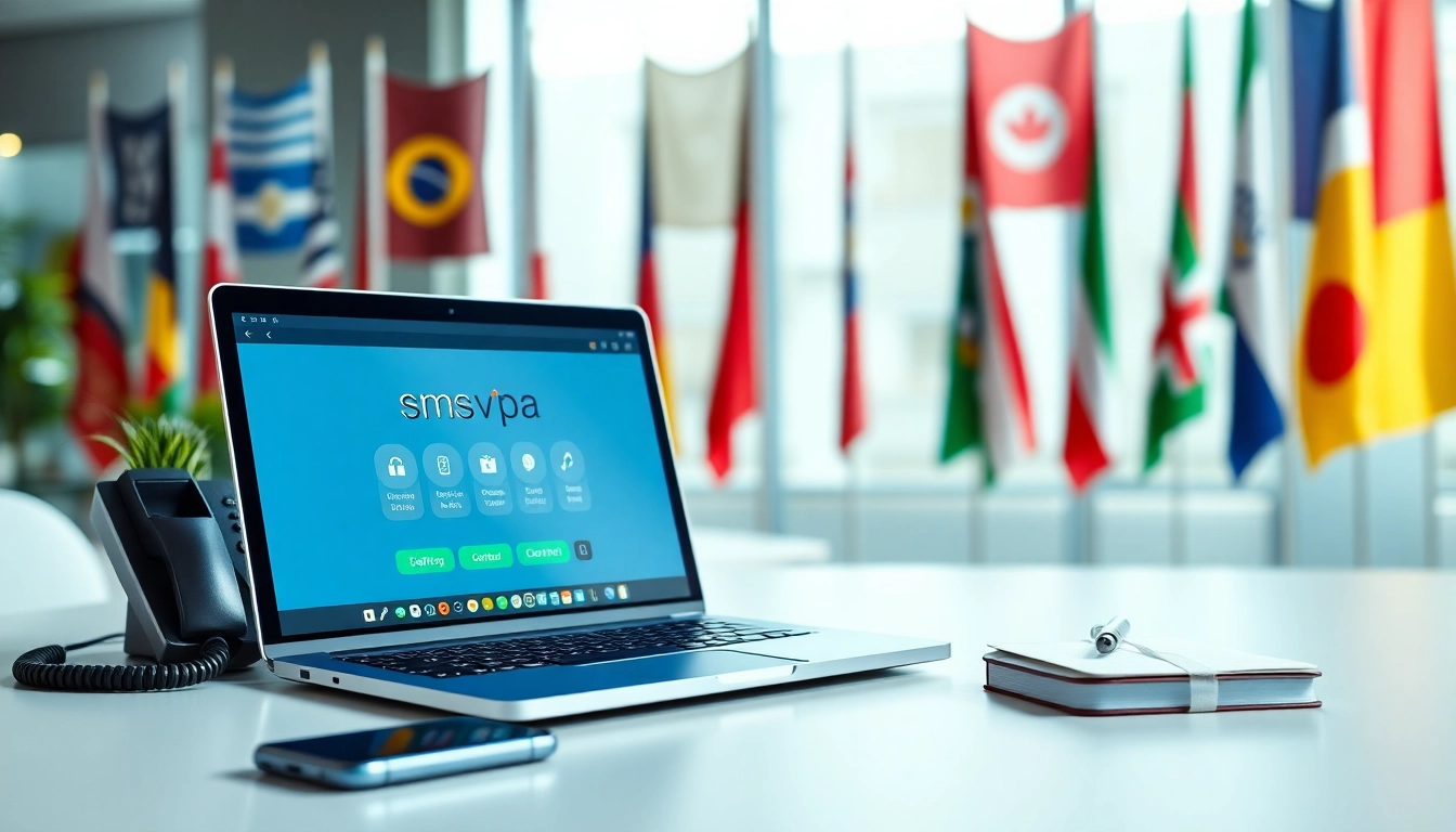 Using smsvpa virtual numbers in a professional office setup with global country flags.