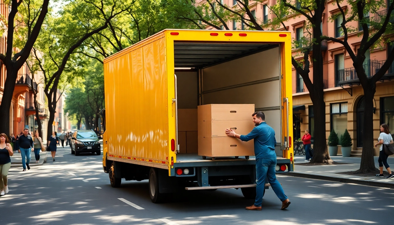 Brooklyn movers efficiently loading furniture into a bright yellow truck on a sunny street.