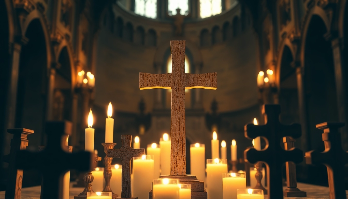 Admire the Jerusalem crosses with intricate olive wood details illuminated by warm candles.