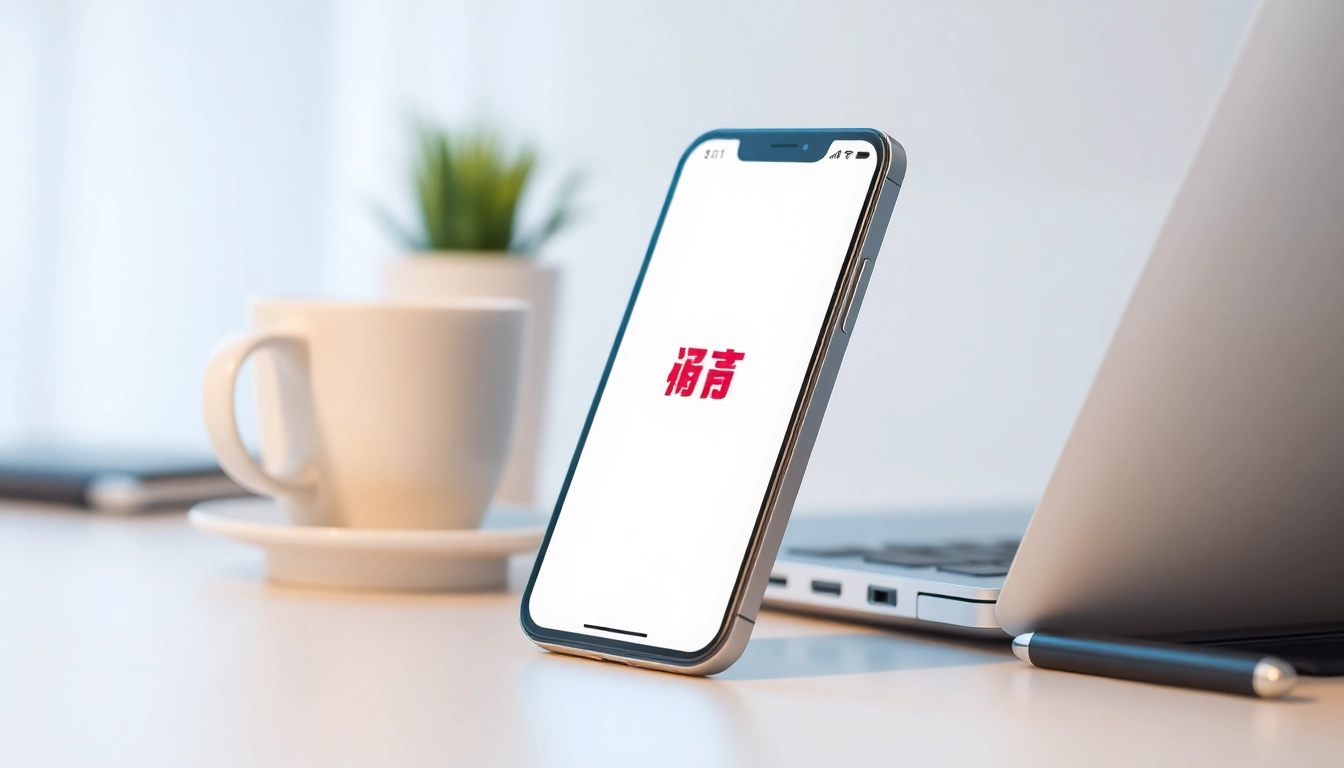 Showcase the 美洽下载 mobile app interface on a smartphone in a cozy workspace setting.
