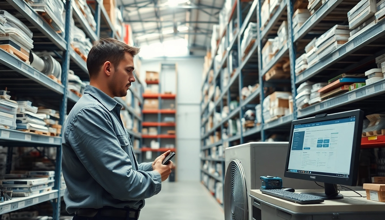 Trane parts dealer technician examining HVAC components in a bright, organized warehouse.