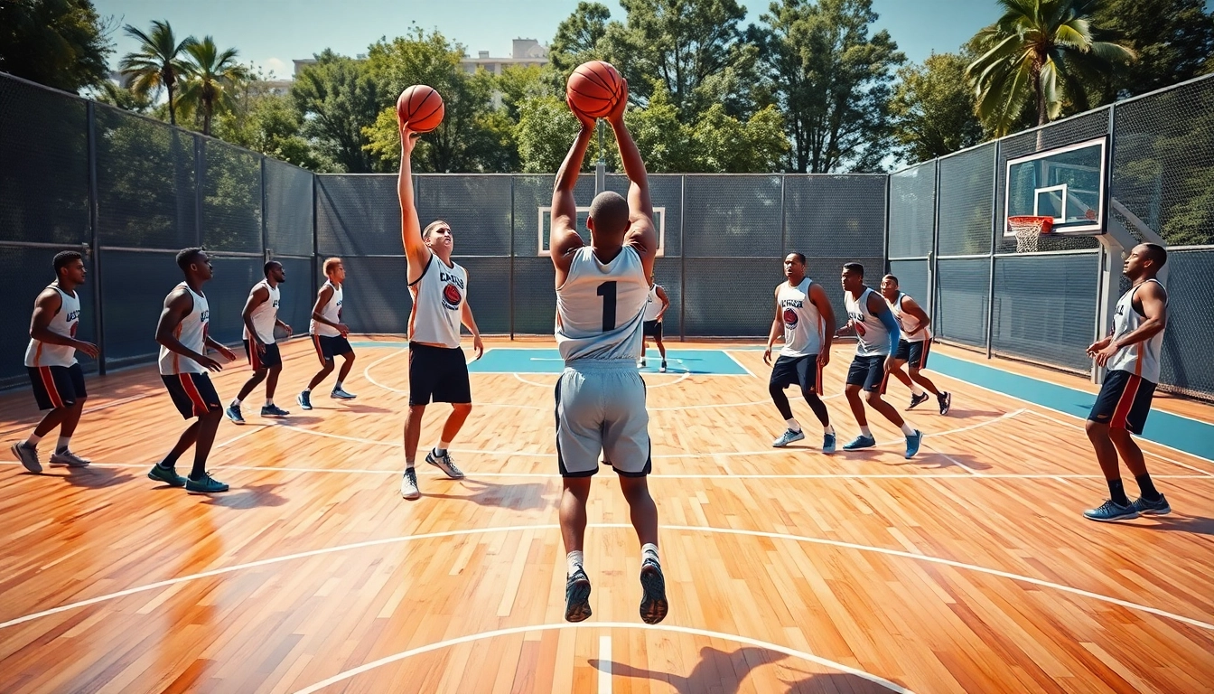 Basketball training programs featuring professional players executing drills on a vibrant outdoor court.
