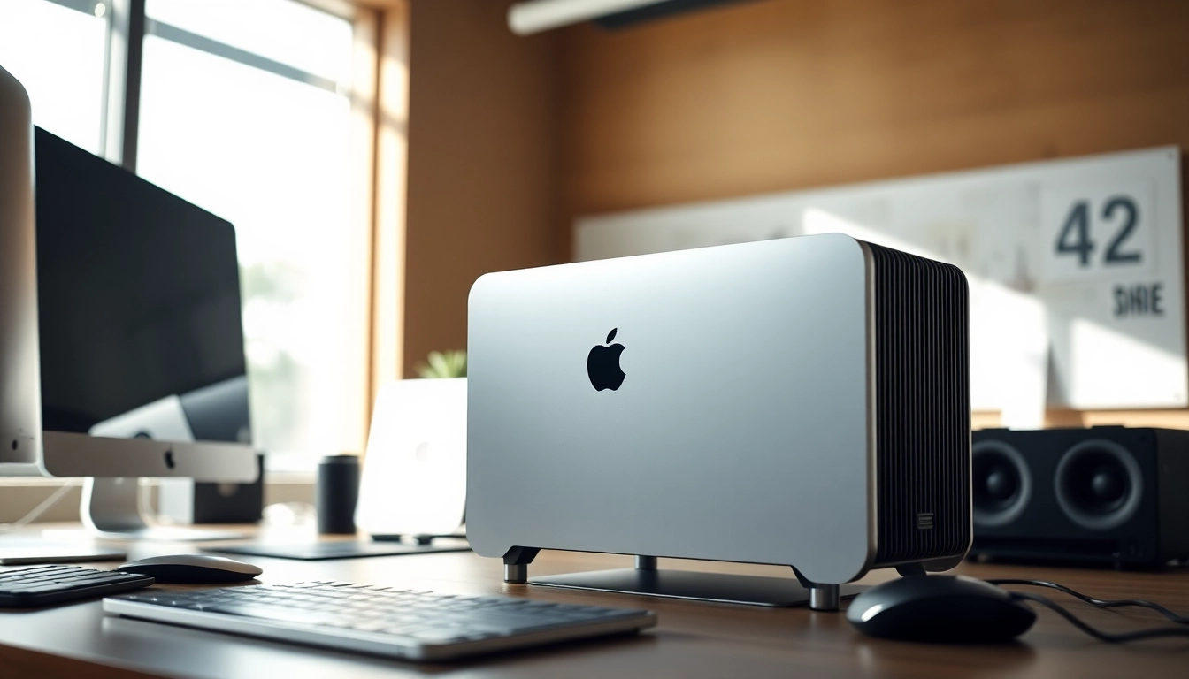 Buy MacStudio Ultra desktop in a modern office, showcasing sleek design features.