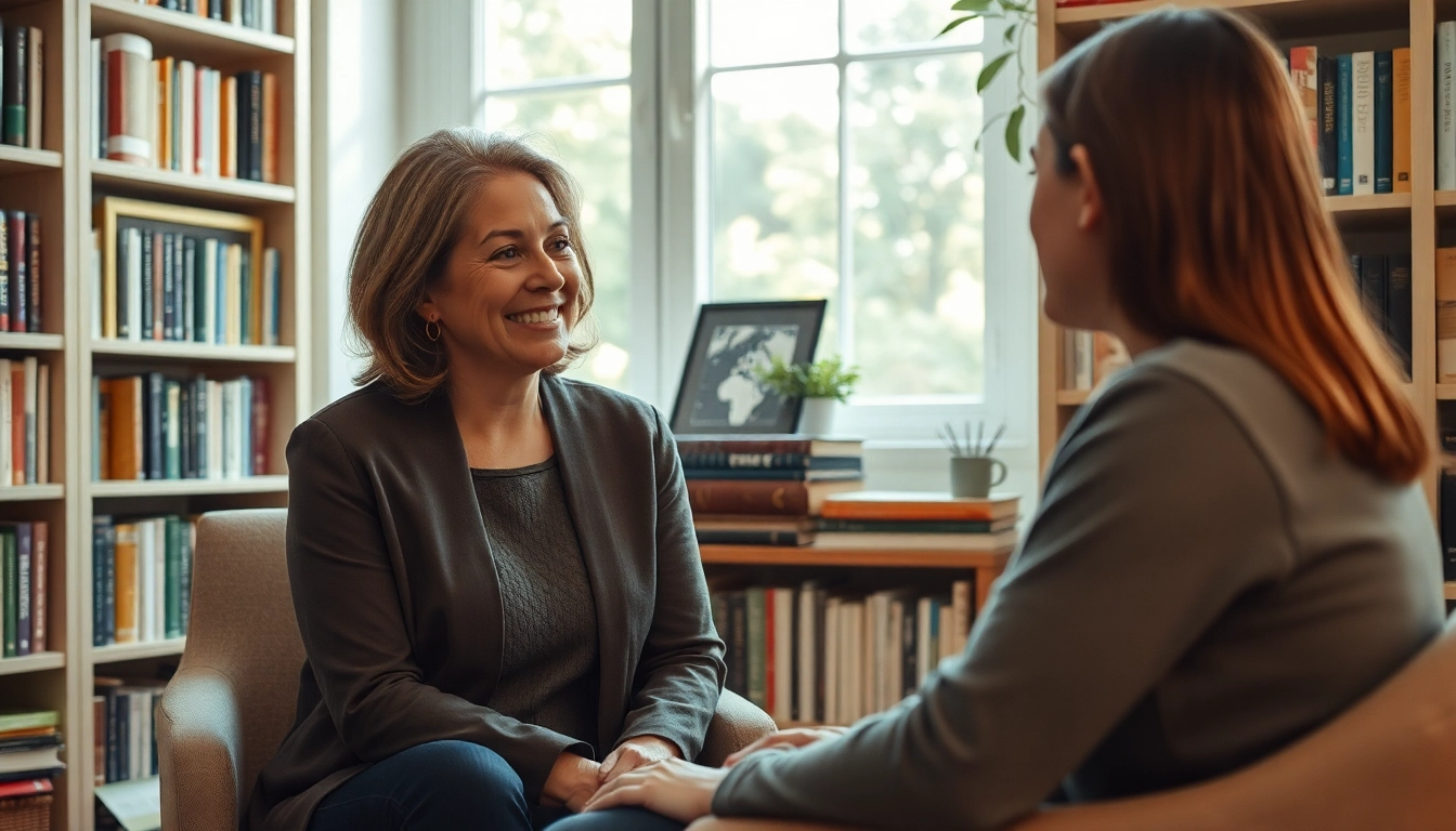 Therapist focusing on attachment theory with a client in a warm office setting.