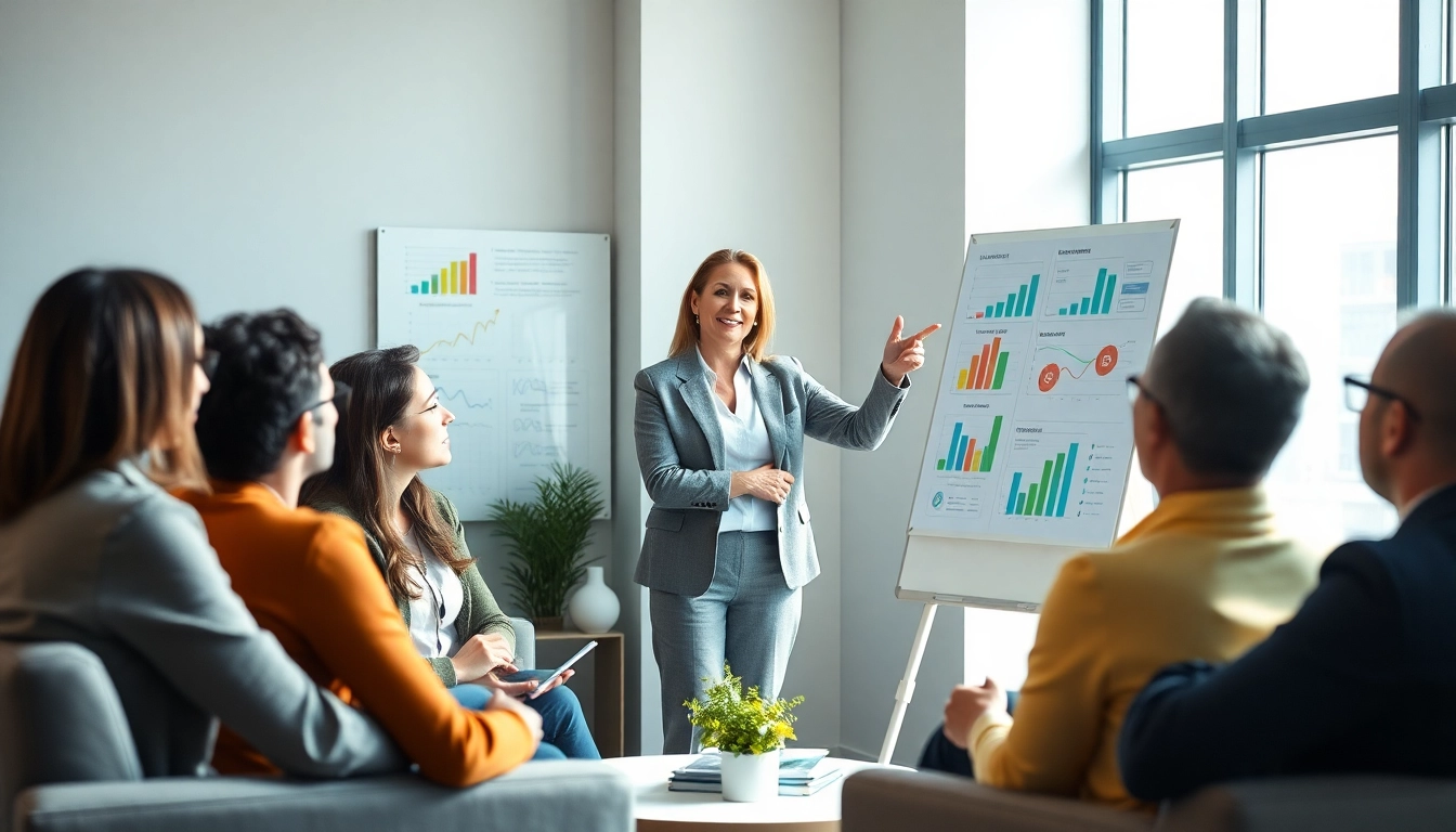Engaging business coaching service session with diverse entrepreneurs and a coach in a modern office.